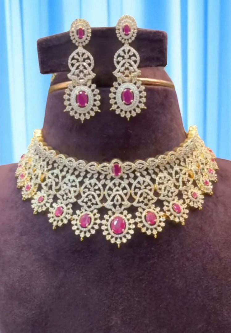 Beautiful diamond type (Gj polish) chocker with pink stones