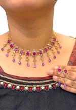 Load image into Gallery viewer, Beautiful short necklace with Ruby stone and purple hangings
