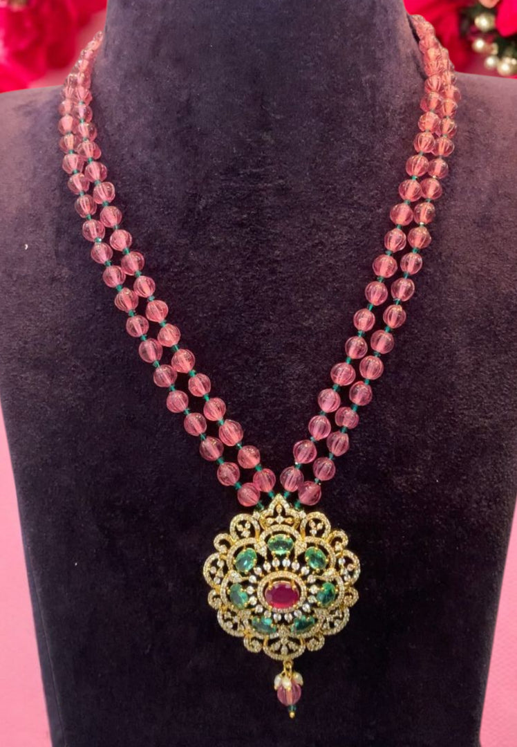Beautiful beads mala with green pendant and light pink beads