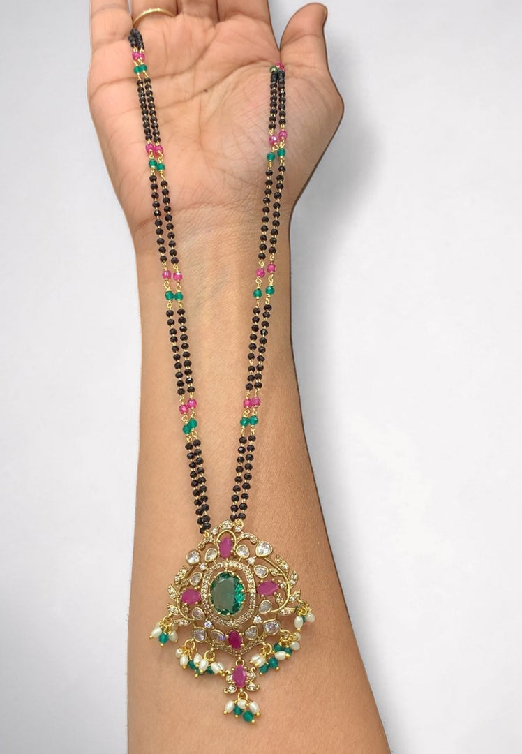 Beautiful black beads chain with green stone pendant