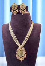 Load image into Gallery viewer, Beautiful pearls necklace with baby pink stones and blue stone -pairing with beautiful earrings
