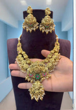 Load image into Gallery viewer, Beautiful short necklace with God laxmi motive and green pink stones -hangings with guttapusalu
