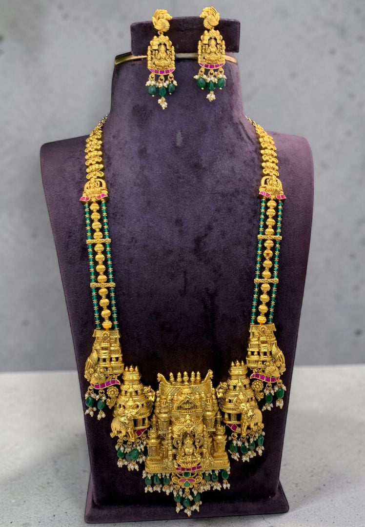 Traditional long haram with temple design and Laxmi Devi motive