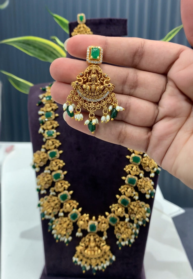 Beautiful long haram with green beads and stone