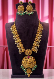 Beautiful mini haram with God laxmi motive and guttapusalu hangings green stones -pairing with beautiful earrings
