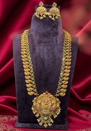 Traditional long nakshi haram with green and pink stone