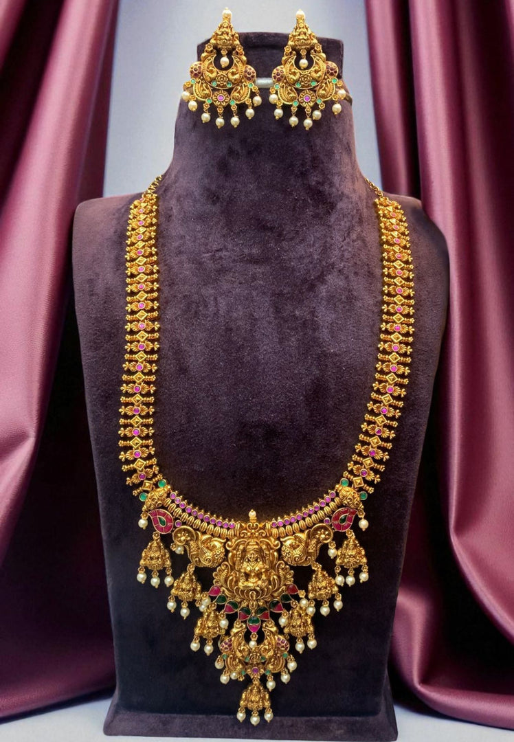 Beautiful long haram with gold finishing and Laxmi Devi motive