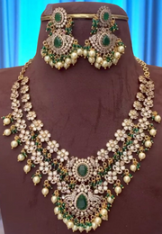 Beautiful heavy double layer necklace with green stone and uncut stone -hangings with guttapusalu and green beads