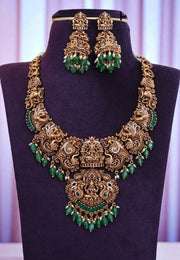 Beautiful short necklace with green beads and god Laxmi Devi motive