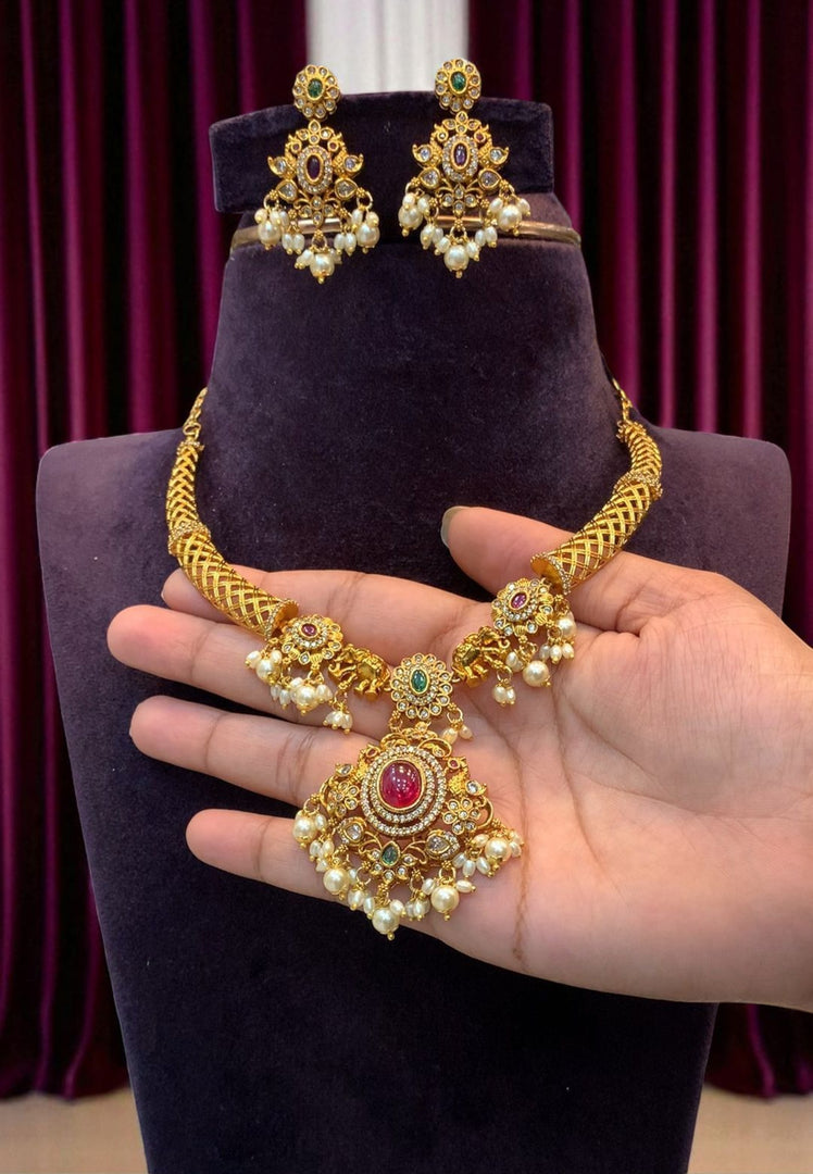 Beautiful kanti necklace with pink stone and guttapusalu hangings