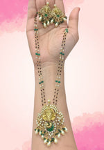 Load image into Gallery viewer, Beautiful two layer black beads chain with Vinayaka pendant in green stone and guttapusalu hangings
