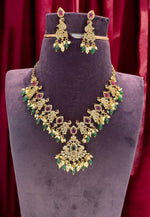 Load image into Gallery viewer, Beautiful short necklace with green stone and guttapusalu hangings -pairing with beautiful earrings
