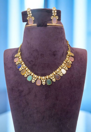 Victorian polish navarathna stones necklace with light pink stone earrings