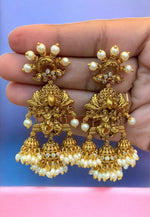 Load image into Gallery viewer, Beautiful jumkhas with radha krishna motive -hanging with guttapusalu
