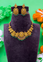 Load image into Gallery viewer, Beautiful short necklace with green stone and god laxmi motive -pairing with beautiful earrings
