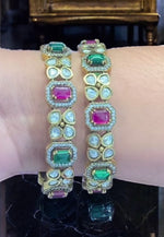 Load image into Gallery viewer, Stunning bangles with ruby and green colour stones with uncut stones -perfect for any occasion
