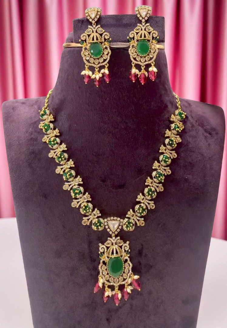 Stunning short necklace with green and ruby colour stones-pairing with beautiful earrings