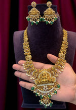 Load image into Gallery viewer, Beautiful short necklace with green Beads and god Laxmi Devi motive pendant
