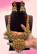 Load image into Gallery viewer, Beautiful 3D nakshi haram with green Beads and guttapusalu hangings
