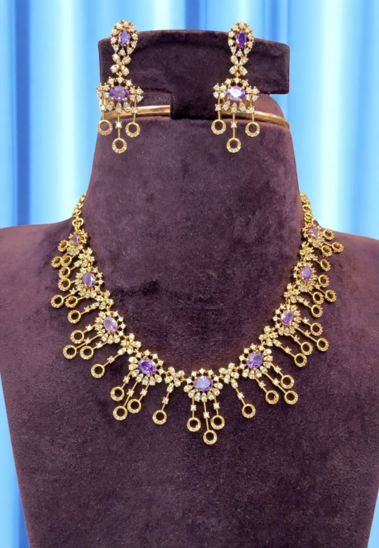 Beautiful short necklace with purple colour stones , uncut stones -pairing with beautiful earrings