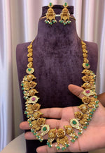 Load image into Gallery viewer, Beautiful long haram with green beads and Laxmi Devi motive
