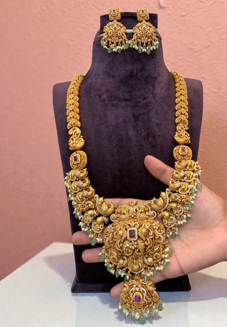 Beautiful 3d long haram with green beads