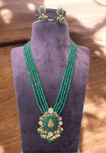 Load image into Gallery viewer, Beautiful four line  beads set kundan style pendant with jadav stone -beautiful earrings
