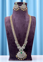 Load image into Gallery viewer, Gj polish Long haram with green stone and uncut stone -pairing with beautiful earrings
