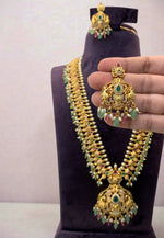 Load image into Gallery viewer, Traditional long haram with green beads and guttapusalu hangings