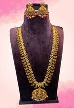 Load image into Gallery viewer, Traditional long haram with God laxmi motive pendant ruby colour stone and green stone
