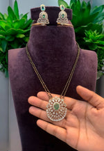 Load image into Gallery viewer, Stunning black beads short chain with single pendant and green stone pairing with beautiful earrings
