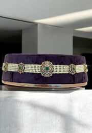Beautiful pearls chain hip belt with green stone and Victorian polish finishing