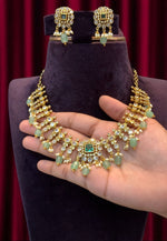 Load image into Gallery viewer, Beautiful short necklace with green beads and diamond replica stone
