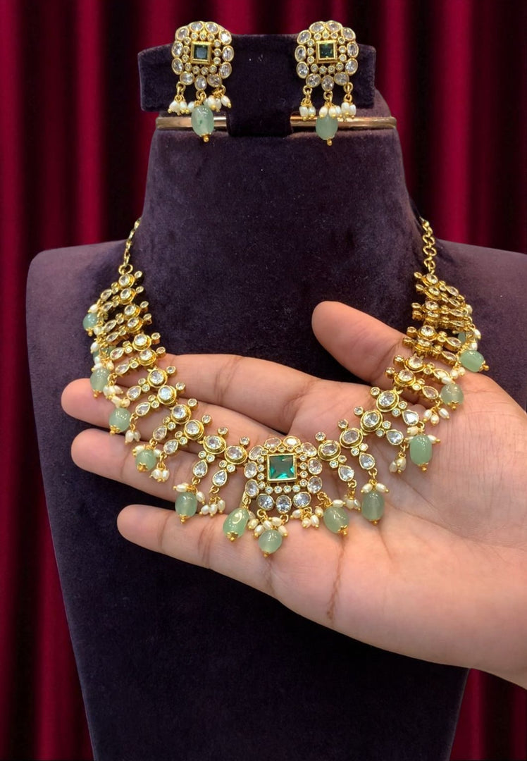 Beautiful short necklace with green beads and diamond replica stone
