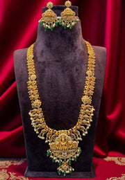 Beautiful long nakshi haram with green stone and guttapusalu hangings