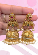 Load image into Gallery viewer, Beautiful nakshi jumkhas with green stone and ruby colour stone and guttapusalu hangings
