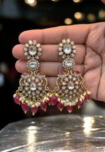 Load image into Gallery viewer, Kundan uncut stone earrings ruby colour beads with guttapusalu
