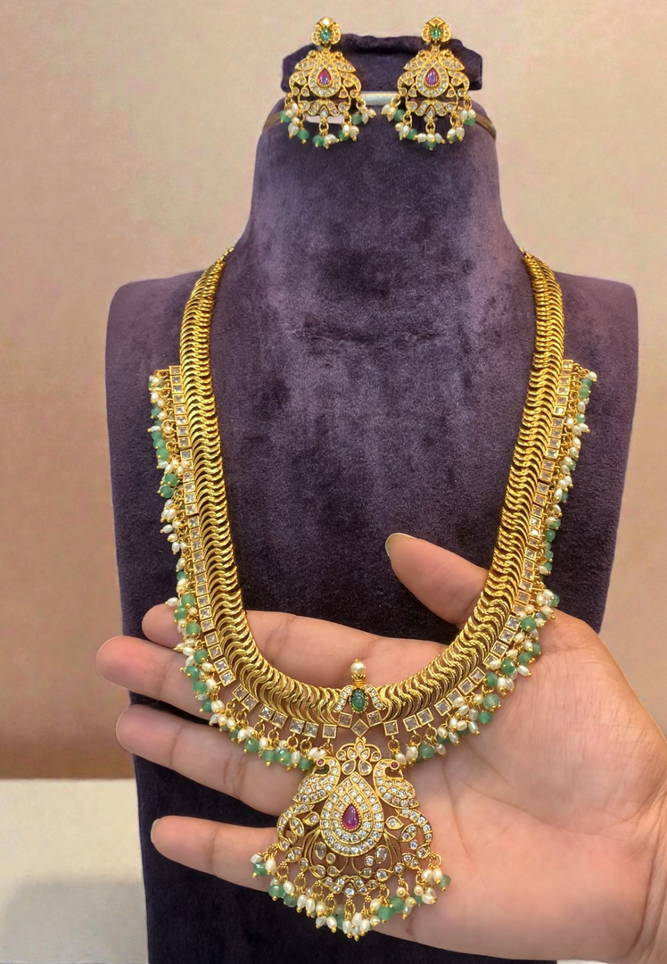 Beautiful jalebi pattern long haram with green beads