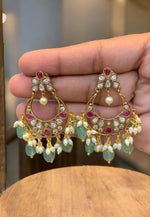Load image into Gallery viewer, Simple chandbali earrings with uncut stone and purple colour stones and guttapusalu hangings
