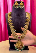Load image into Gallery viewer, Traditional long haram with green stone and pink stone with Laxmi Devi motive
