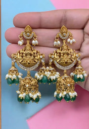 Beautiful laxmi motive earrings with green and guttapusalu hangings