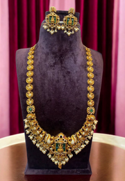 Beautiful nakshi long haram with god Laxmi Devi motive and guttapusalu hangings