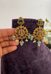 Traditional long haram with green beads and Laxmi Devi motive pendant