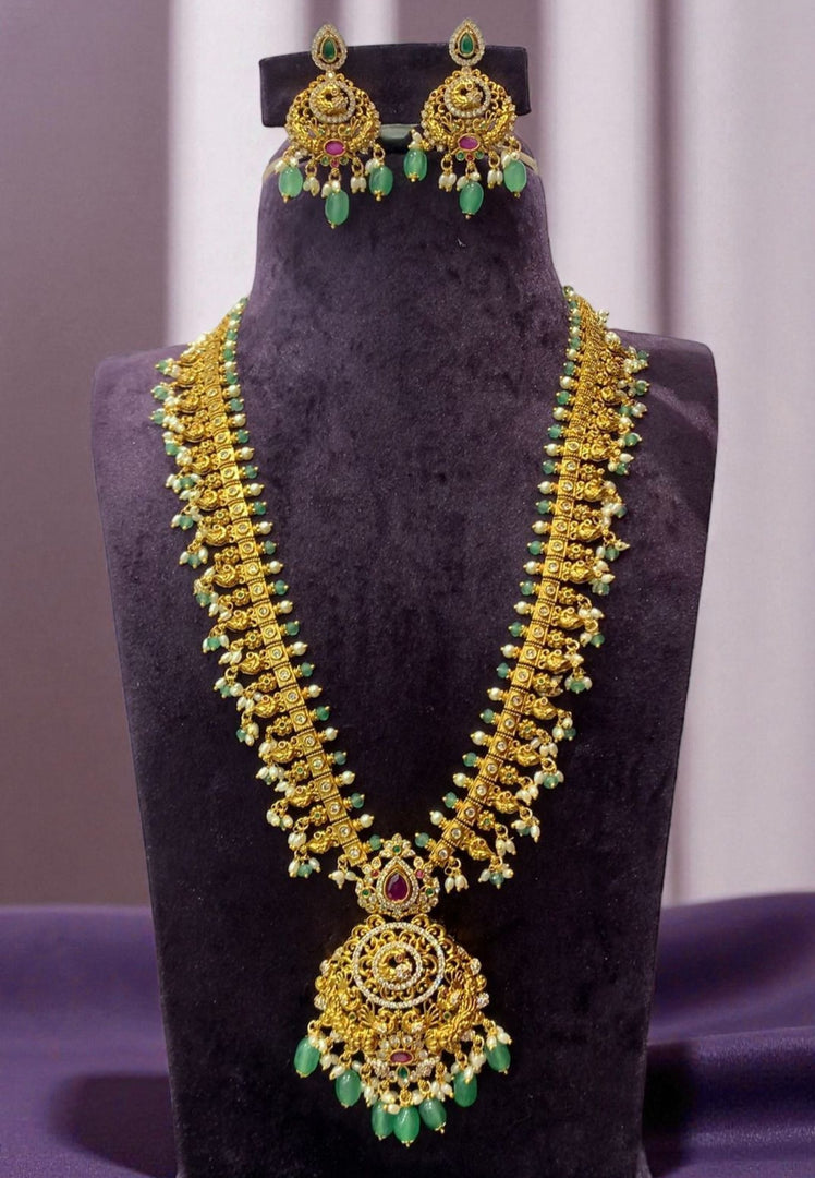 Beautiful traditional guttapusalu long haram with green beads