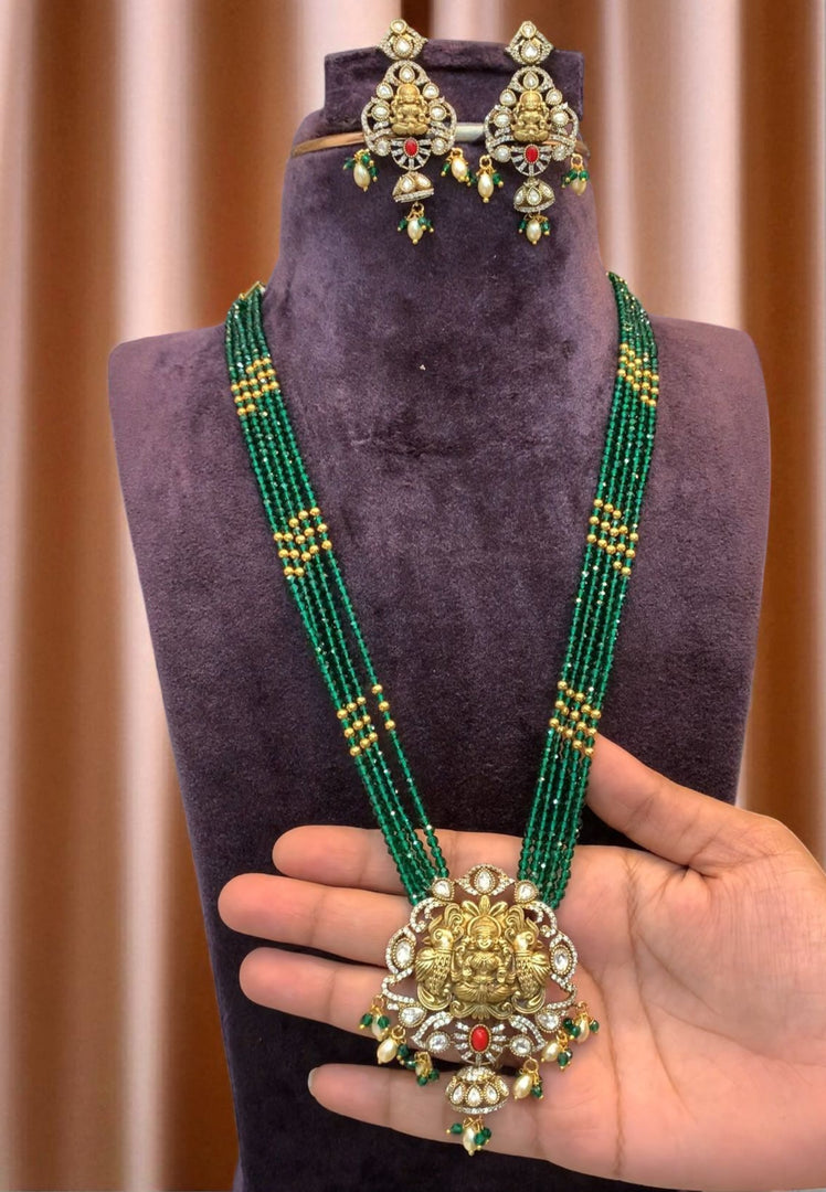 Beautiful beads haram with green beads and Laxmi Devi motive pendant