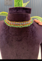 Beautiful kempu stone necklace with green and pink stone