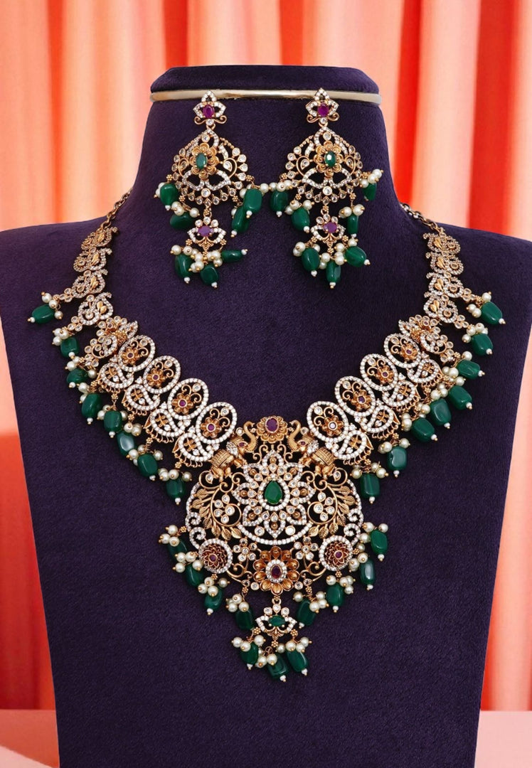Beautiful short necklace with elephant designed and green Beads