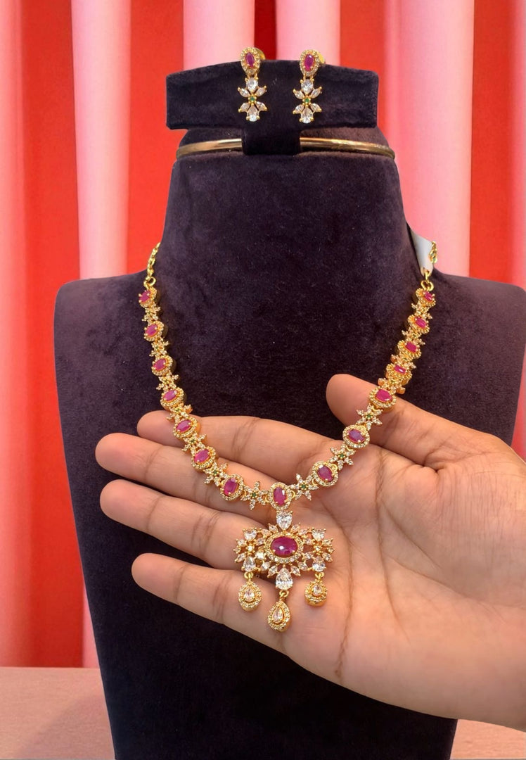 Beautiful party wear short necklace with pink stone