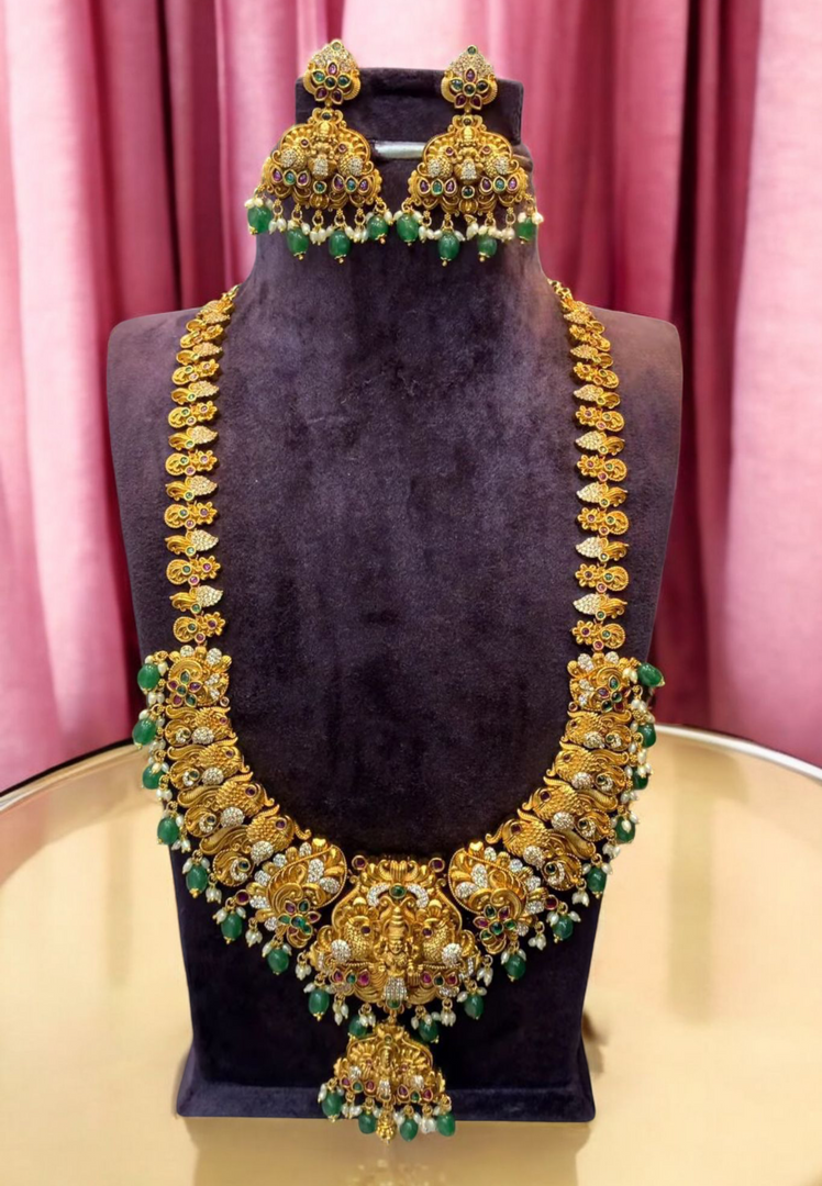Traditional long Haram with God Lakshmi Devi motive and green beeds