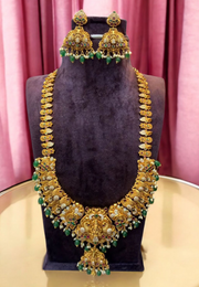 Traditional long Haram with God Lakshmi Devi motive and green beeds